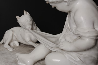 Lot 122 - A 19TH CENTURY CARRARA MARBLE GROUP OF A BOY WITH DOG IN THE MANNER OF JOSEPH GOTT (1786-1860)