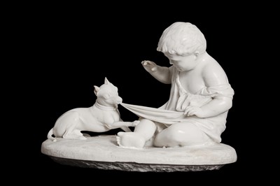 Lot 122 - A 19TH CENTURY CARRARA MARBLE GROUP OF A BOY WITH DOG IN THE MANNER OF JOSEPH GOTT (1786-1860)