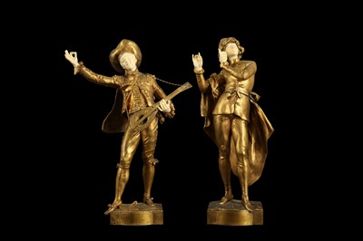 Lot 128 - AUGUSTE MOREAU (FRENCH, 1835-1917): A PAIR OF CHRYSELEPHANTINE FIGURES OF MUSICIANS