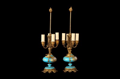 Lot 84 - A PAIR OF LATE 19TH CENTURY FRENCH SEVRES STYLE PORCELAIN LAMP BASES