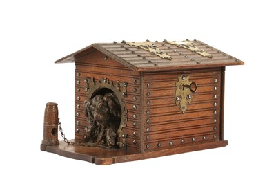 Lot 188 - CHARLES-GUILLAUME DIEHL, PARIS: AN OAK AND BRONZE TOBACCO BOX MODELLED AS A DOG KENNEL CIRCA 1870