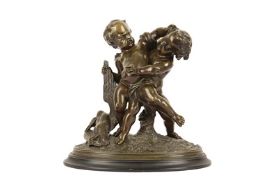 Lot 152 - A 19TH CENTURY FRENCH BRONZE MODEL OF A TWO PUTTI WITH A GOOSE