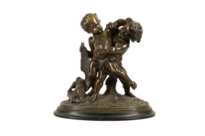 Lot 193 - A 19TH CENTURY FRENCH BRONZE MODEL OF TWO PUTTO WITH A GOOSE