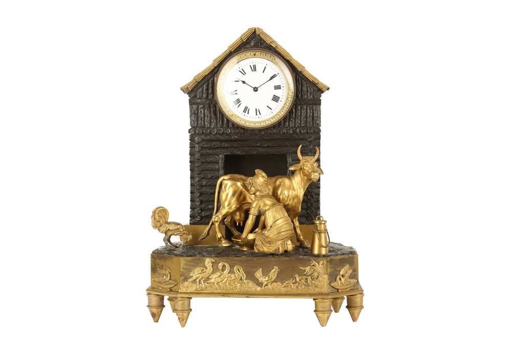 Lot 318 - AN EARLY 19TH CENTURY FRENCH EMPIRE PERIOD GILT AND PATINATED BRONZE FIGURAL MANTEL CLOCK