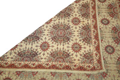 Lot 385 - A NORWICH EMBROIDERED KASHMIRI-STYLE MOON SHAWL AND A YAZD BLUE TERMEH PRAYER MAT