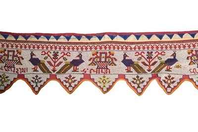 Lot 409 - A CEREMONIAL INDIAN BEADWORK BORDER HANGING WITH LORD GANESHA AND PEACOCKS