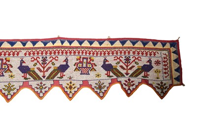 Lot 409 - A CEREMONIAL INDIAN BEADWORK BORDER HANGING WITH LORD GANESHA AND PEACOCKS