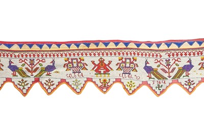 Lot 409 - A CEREMONIAL INDIAN BEADWORK BORDER HANGING WITH LORD GANESHA AND PEACOCKS