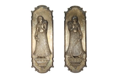 Lot 368 - TWO HARDWOOD COPPER AND SILVER-CLAD WALL PANELS WITH FEMALE COURTLY LADIES