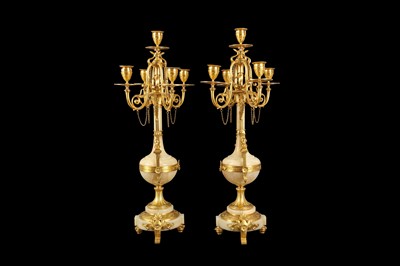 Lot 60 - A FINE PAIR OF LATE 19TH CENTURY FRENCH GILT BRONZE AND ALGERIAN ONYX CANDELABRA
