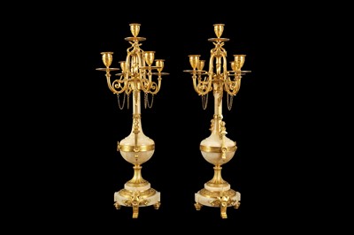 Lot 60 - A FINE PAIR OF LATE 19TH CENTURY FRENCH GILT BRONZE AND ALGERIAN ONYX CANDELABRA