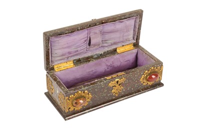Lot 191 - A 19TH CENTURY ENGLISH SERPENTINE MARBLE, ORMOLU AND HARD STONE INLAID CASKET
