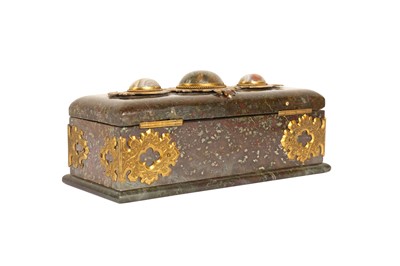 Lot 191 - A 19TH CENTURY ENGLISH SERPENTINE MARBLE, ORMOLU AND HARD STONE INLAID CASKET