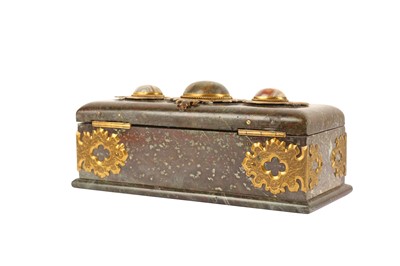 Lot 191 - A 19TH CENTURY ENGLISH SERPENTINE MARBLE, ORMOLU AND HARD STONE INLAID CASKET