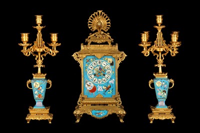 Lot 166 - A FINE LATE 19TH CENTURY FRENCH 'JAPONISME' GILT BRONZE AND PORCELAIN CLOCK GARNITURE