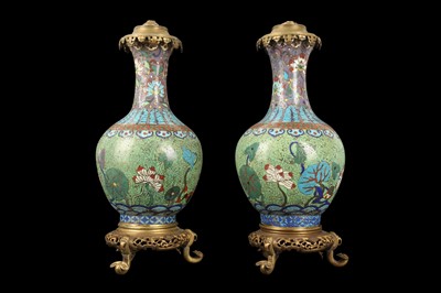 Lot 83 - A PAIR OF 20TH CENTURY CHINESE CLOISONNE URN LAMP BASES