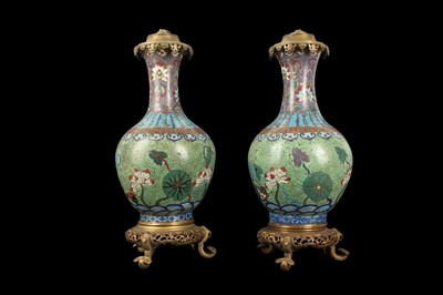 Lot 83 - A PAIR OF 20TH CENTURY CHINESE CLOISONNE URN LAMP BASES