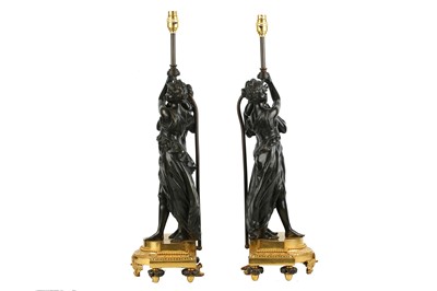 Lot 62 - A PAIR OF LATE 19TH / EARLY 20TH CENTURY FRENCH BRONZE FIGURAL LAMP BASES IN THE MANNER OF FALCONET