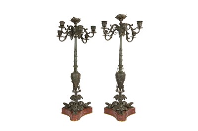Lot 70 - A PAIR OF LATE 19TH CENTURY FRENCH BRONZE AND MARBLE NEO-GREC STYLE CANDELABRA