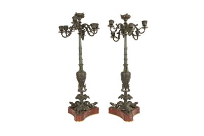 Lot 70 - A PAIR OF LATE 19TH CENTURY FRENCH BRONZE AND MARBLE NEO-GREC STYLE CANDELABRA