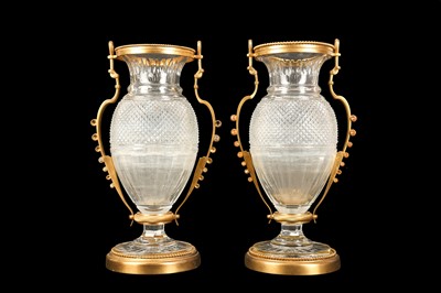 Lot 59 - A PAIR OF BELLE EPOQUE STYLE BACCARAT GILT BRONZE MOUNTED GLASS VASES