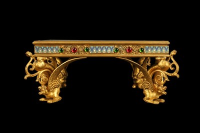 Lot 102 - A LATE 19TH CENTURY FRENCH GILT BRONZE, CHAMPLEVE ENAMEL AND PASTE MOUNTED STAND