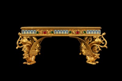 Lot 102 - A LATE 19TH CENTURY FRENCH GILT BRONZE, CHAMPLEVE ENAMEL AND PASTE MOUNTED STAND