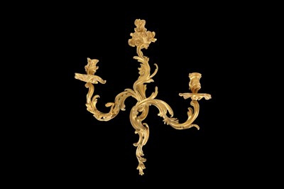 Lot 106 - A PAIR OF 19TH CENTURY FRENCH GILT BRONZE ROCOCO STYLE THREE LIGHT WALL APPLIQUES