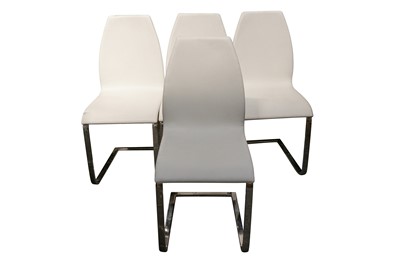 Lot 1035 - A SET OF CHROMED METAL AND WHITE FAUX LEATHER COVERED CANTILEVERED CHAIRS, CONTEMPORARY