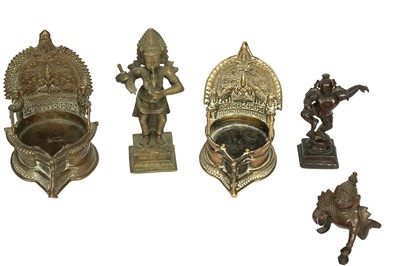 Lot 372 - A GROUP OF NINE BRONZE DEVOTIONAL MINIATURE ICONS (MURTI) AND SEVEN INDIAN BRONZE RITUAL VESSELS