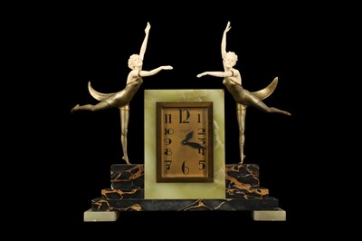 Lot 165 - FERDINAND PREISS (1882-1943): A RARE CLOCK MOUNTED WITH DANCING GIRLS  'BUTTERFLY DANCERS'