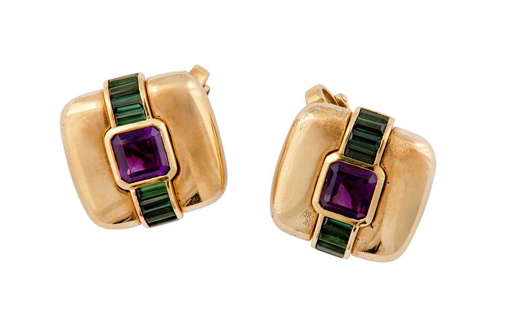 Lot 42 - A pair of amethyst and green tourmaline earclips