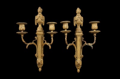 Lot 102A - A PAIR OF 19TH CENTURY FRENCH GILT BRONZE LOUIS XVI STYLE TWIN BRANCH WALL LIGHTS