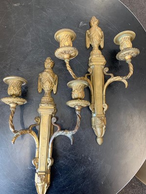Lot 102 - A PAIR OF 19TH CENTURY FRENCH GILT BRONZE LOUIS XVI STYLE TWIN BRANCH WALL LIGHTS
