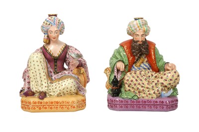 Lot 355 - A PAIR OF JACOB PETIT PORCELAIN FIGURAL FLASKS OF A SEATED SULTAN AND SULTANA