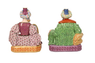 Lot 355 - A PAIR OF JACOB PETIT PORCELAIN FIGURAL FLASKS OF A SEATED SULTAN AND SULTANA