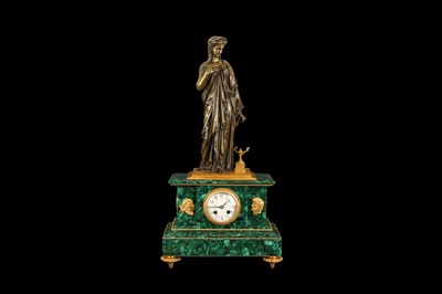 Lot 167 - A LARGE LATE 19TH CENTURY FRENCH BRONZE AND MALACHITE FIGURAL MANTEL CLOCK