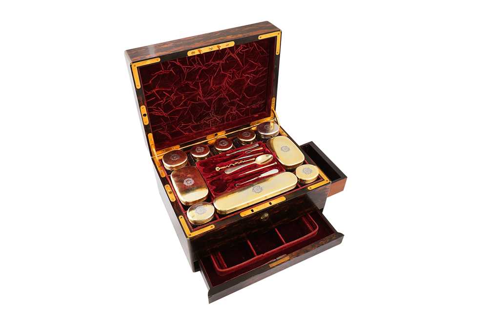 Lot 74 - A Victorian sterling silver gilt fitted coromandel ladies travelling vanity case, London 1866 by Wright & Davies