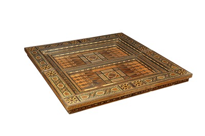 Lot 653 - λ A LARGE MOTHER-OF-PEARL AND COLOURED WOOD-INLAID PORTABLE GAMING BOARD