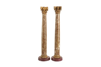 Lot 141 - A PAIR OF 19TH CENTURY BAROQUE STYLE PAINTED AND GILTWOOD CORINTHIAN COLUMNS, PROBABLY ITALIAN