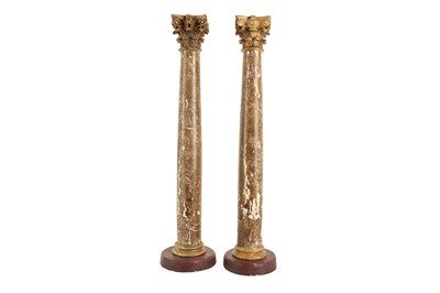 Lot 141 - A PAIR OF 19TH CENTURY BAROQUE STYLE PAINTED AND GILTWOOD CORINTHIAN COLUMNS, PROBABLY ITALIAN