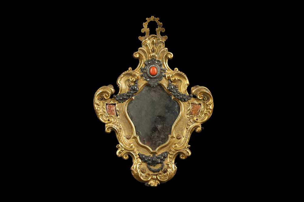 Lot 16 - A MID 18TH CENTURY ITALIAN GILT BRONZE, SILVER, PASTE, MARBLE AND CORAL MOUNTED MIRROR
