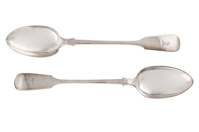 Lot 234 - A PAIR OF EARLY VICTORIAN STERLING SILVER BASTING SPOONS, LONDON 1837 BY BENJAMIN SMITH