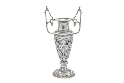 Lot 293 - A mid-20th century Iranian (Persian) silver twin handled vase, Isfahan circa 1940 mark probably of Parvaresh