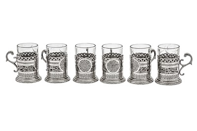 Lot 285 - A set of six mid-20th century Iranian (Persian) silver tea glass holders, Tabriz circa 1940