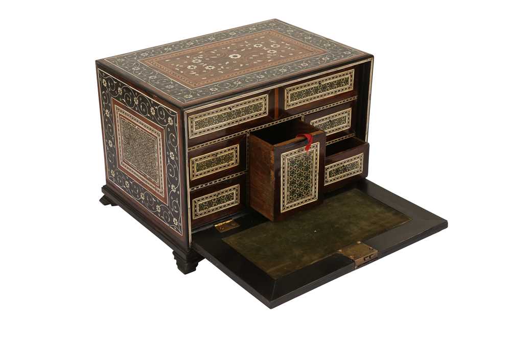 Lot 40 - A 16TH / 17TH CENTURY AND LATER INDO-PORTUGUESE IVORY AND MICROMOSAIC INLAID TABLE CABINET