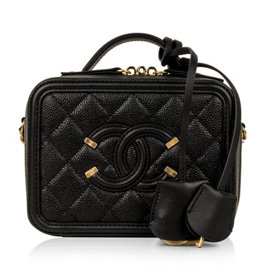 Chanel CC Filigree Vanity Case Quilted Caviar Gold-tone Small