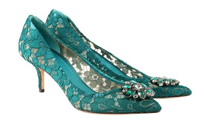 Lot 145 - Dolce & Gabbana Teal Lace Embellished Kitten Heel Pumps - Size 41