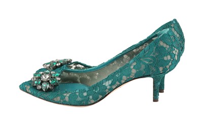 Lot 145 - Dolce & Gabbana Teal Lace Embellished Kitten Heel Pumps - Size 41