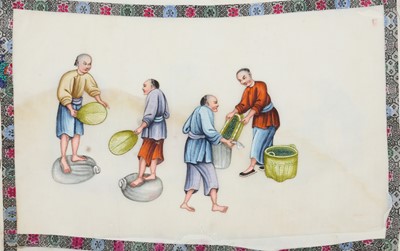 Lot 214 - A CHINESE ALBUM OF TEN PITH PAPER PAINTINGS OF TEA PRODUCTION.